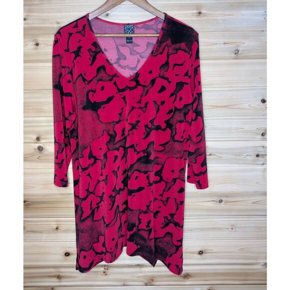 Clara Sun Woo Top Womens Medium Red Black Floral Tunic Art to Wear - Picture 1 of 9